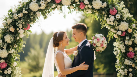 Bride and groom on their wedding day. Bride and groom in the park. Wedding in Montenegro.の素材