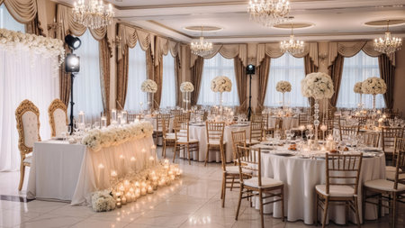 Wedding decor. Banquet hall decorated with flowers and candlesの素材