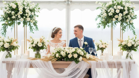 Wedding couple sitting at the table with flowers in the restaurantの素材