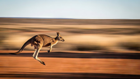 Kangaroo jumping in the desert with blurred background, Australia.の素材
