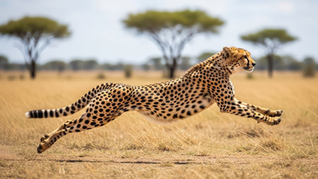 Cheetah running in the savannah, Maasai Mara National Park, Kenyaの素材