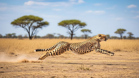 Cheetah running in the savannah in Serengeti National Park, Tanzaniaの素材