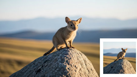 Coyote sitting on top of a rock looking at the cameraの素材