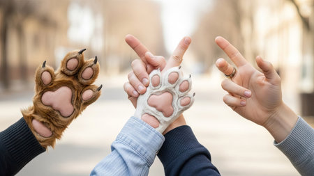 Close-up of couple holding hands and showing peace sign with fingersの素材