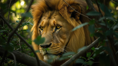 Portrait of a male lion in the jungle, Kenya, Africaの素材