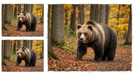Collage of three brown bears (Ursus arctos) in autumn forestの素材