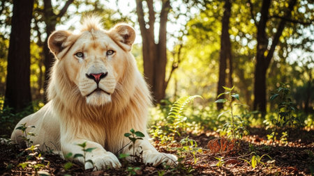 Lion in the park. Beautiful male lion lying in the forest.の素材