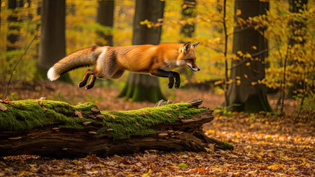 Red fox jumping over fallen tree trunk in autumn forest. Beautiful animal in nature.の素材