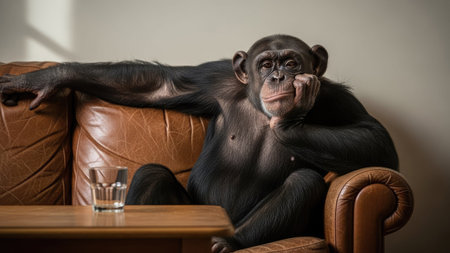 Chimpanzee sitting on a sofa with a glass of whiskeyの素材