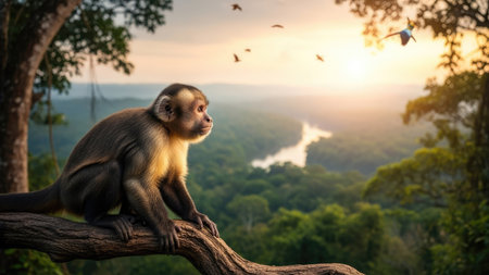 Monkey sitting on a tree in the jungle with sunset background.の素材
