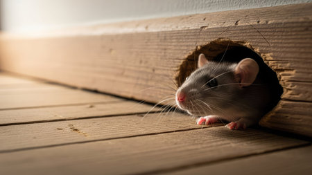 Cute white rat peeking out of a hole in a wooden wallの素材