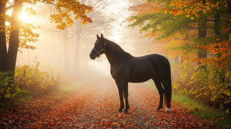 Beautiful black horse in the autumn forest at sunrise. Nature backgroundの素材