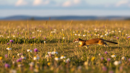 A red weasel searching for food on a meadow full of crocus flowersの素材