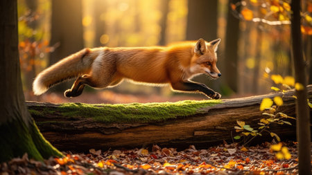 Red fox jumping on a log in autumn forest. Beautiful animal in nature.の素材