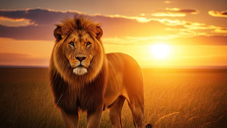 Lion in the savannah at sunset. Africa. Kenya. Masai Mara.の素材