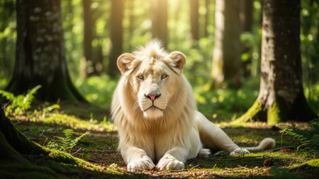 White lion in the forest. Beautiful big male lion lying in the forest.の素材