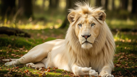 Portrait of a male lion lying on the grass in the forestの素材