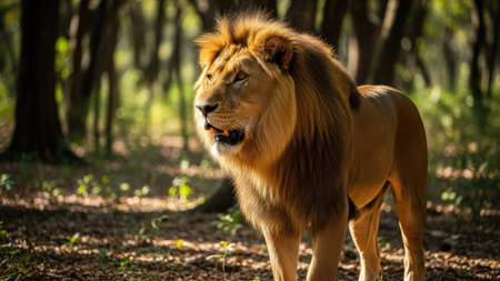 Male lion in the forest, Kruger National Park, South Africaの素材