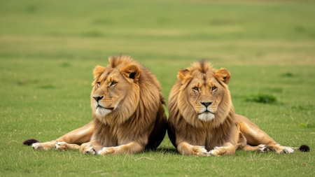 Two male lions lying on grass in Masai Mara National Park, Kenyaの素材