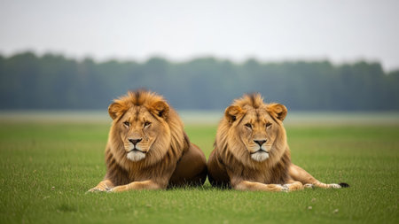 Lion couple sitting on grass looking at camera. Two male lions resting on green grassの素材