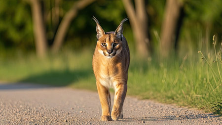 Caracal lynx walking on the road in the evening.の素材
