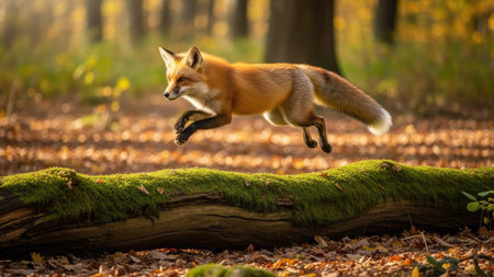Red fox jumping over a log in an autumn forest, UK.の素材