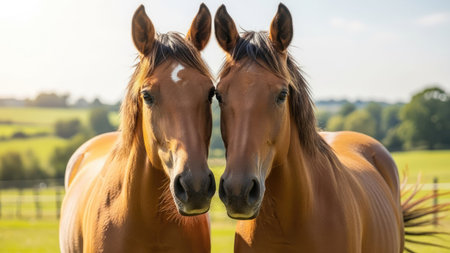 Two horses looking at the camera on a sunny day in the countrysideの素材