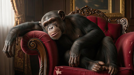 Chimpanzee sitting on a red leather armchair in a vintage interiorの素材