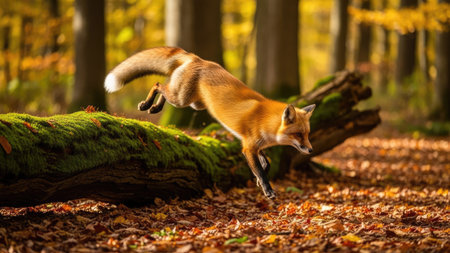 Red fox (Vulpes vulpes) jumping in autumn forestの素材