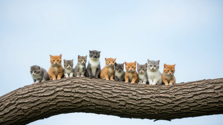 group of kittens sitting on a tree branch with blue sky in backgroundの素材