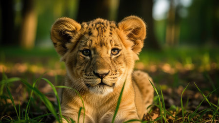 Close up of a lion cub lying in the grass looking at cameraの素材