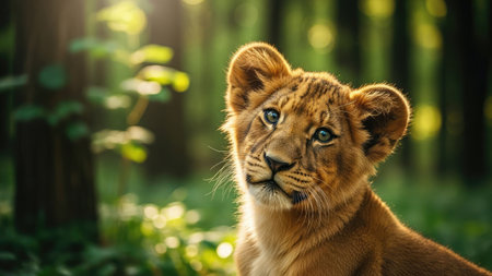 Portrait of lion cub with blue eyes in the forest at sunsetの素材
