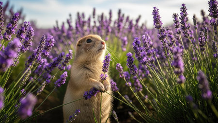 Cute prairie dog standing in lavender field and looking at cameraの素材