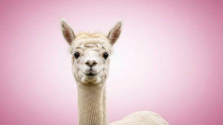 Portrait of a cute alpaca on a pink background.の素材