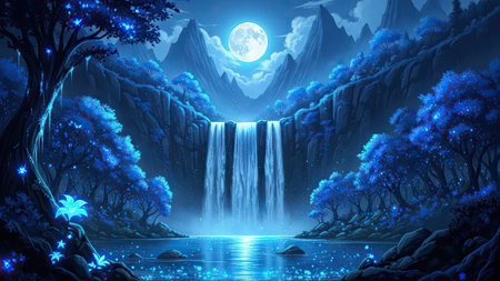 Fantasy landscape with waterfall and forest at night. Vector illustration.の素材