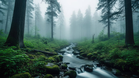 Misty morning in the forest with a stream flowing through the woodsの素材