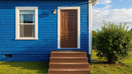 Blue house with wooden door and steps. 3d render illustration.の素材