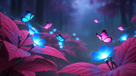 Beautiful blue butterflies flying in the night forest. 3D renderingの素材