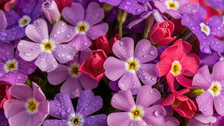 pink and red primula flowers with water drops close-upの素材