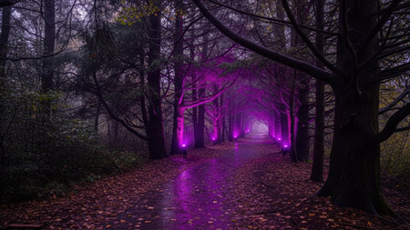 Path in the forest with purple lights. Halloween concept. 3D Renderingの素材