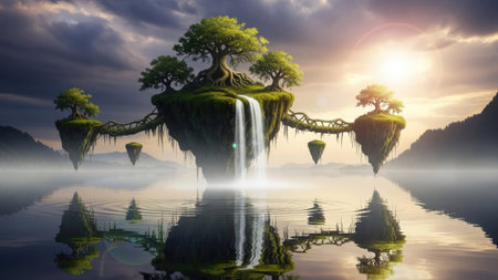 Fantasy landscape with a waterfall and a tree in the water.の素材