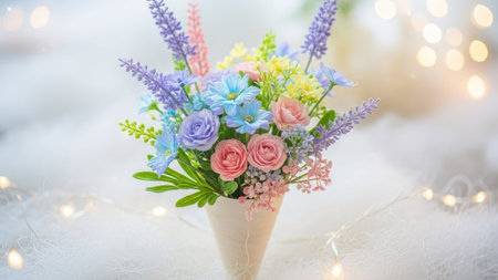Flower bouquet in ice cream cone on bokeh backgroundの素材
