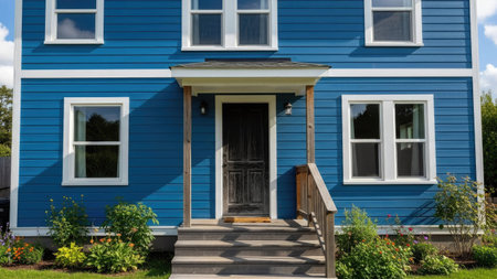 Blue wooden house with steps leading to the front door and porch.の素材