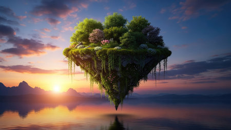 Floating island with flowers and plants against the background of the sunsetの素材