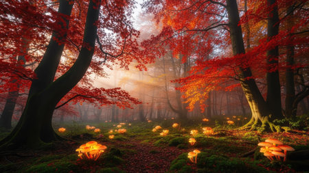 Mysterious autumn forest with mushrooms glowing in the light of the rising sunの素材