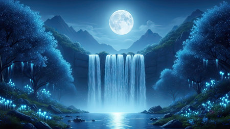 Waterfall landscape at night in full moon light, vector illustration.の素材