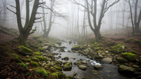 Foggy morning in the forest with a stream flowing through itの素材