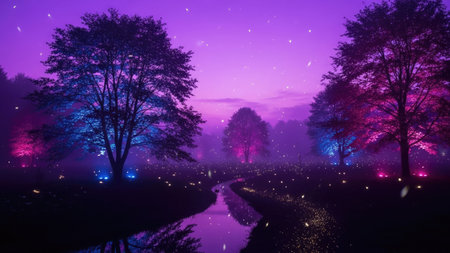 Night landscape with a river, trees and lanterns in the fogの素材