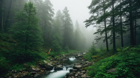 Mountain river in a foggy forest. Panoramic viewの素材