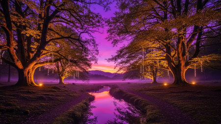 Sunset in the forest with fog and trees in the foreground.の素材